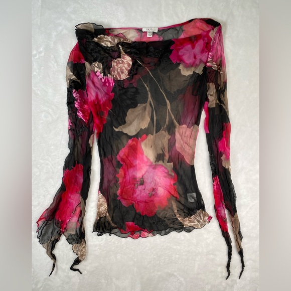 Womens Cache Medium Y2K Black Pink Floral silk Cowl Neck Fairycore whimsical top - Picture 3 of 13